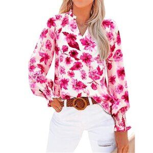 Floral V Neck Blouse Puff Long Sleeve Casual Women Top Pink